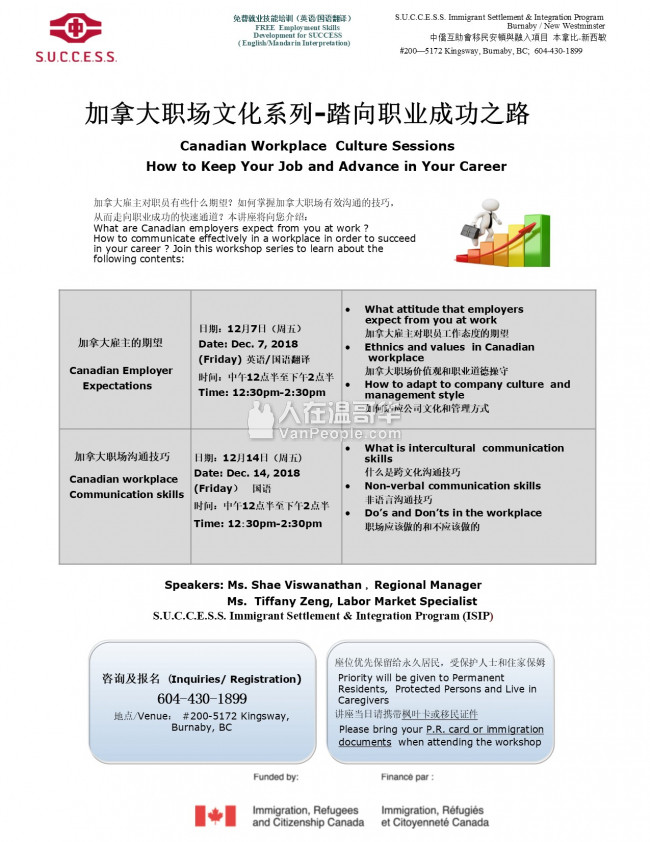 中侨本拿比中心免费就业讲座-加拿大职场文化系列,踏向职业成功之路(7/12和14/12)