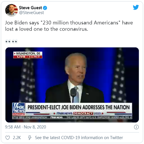 拜登刚胜选就口误 全国演说称 美国 2 3亿人 死于新冠肺炎 人在洛杉矶网lapeople Com