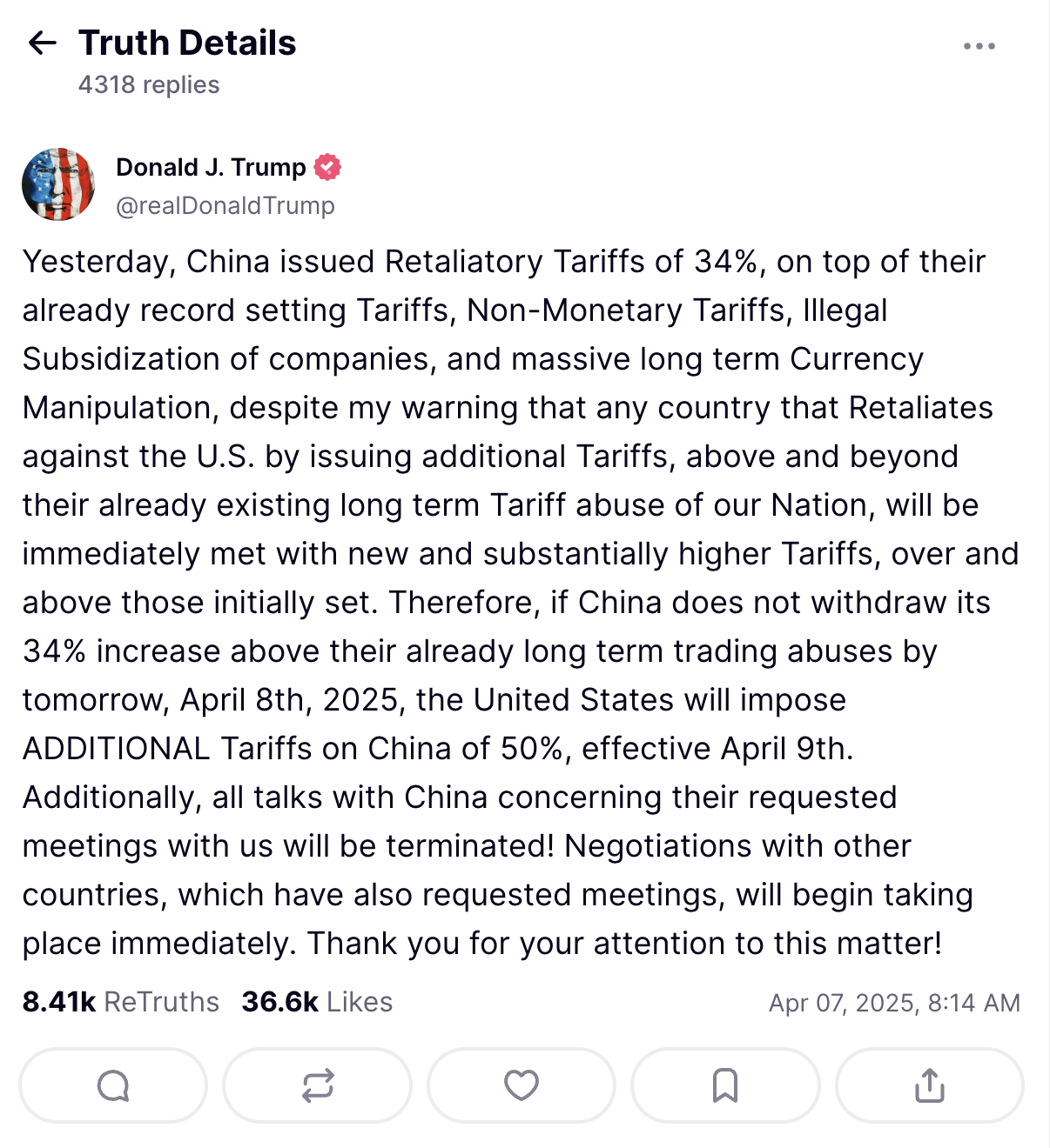 疯了疯了！特朗普官宣对中国关税再加50%，共计104%，全球经济面临"完美风暴"？ - 人在温哥华网VanPeople.com